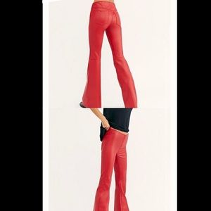 Red flare faux leather pants